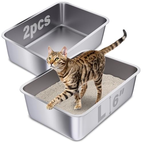 Stainless Steel Litter Box 2 Pack, Large Metal Litter Box | 20"x14"x6", Easy to Clean, Non Stick No Smell Cat Litterbox for Cats/Kitty - size: 2 Pack-Large (19.7"×13.8"×6")