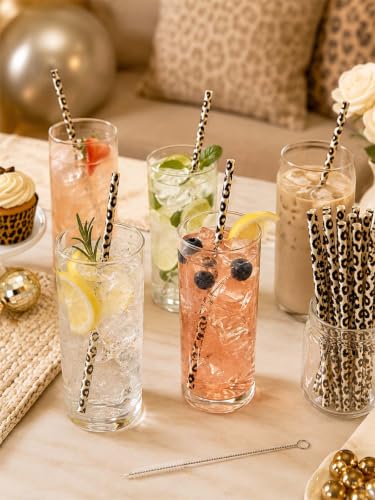 10 Pcs Reusable Brown Leopard Straws Long Straws with Cleaning Brushes | Plastic Cheetah Animal Straws Brown Leopard Print Drinking Straws for Tumblers Cups Safari Wild Favors Birthday Party Supply - color: Yellow