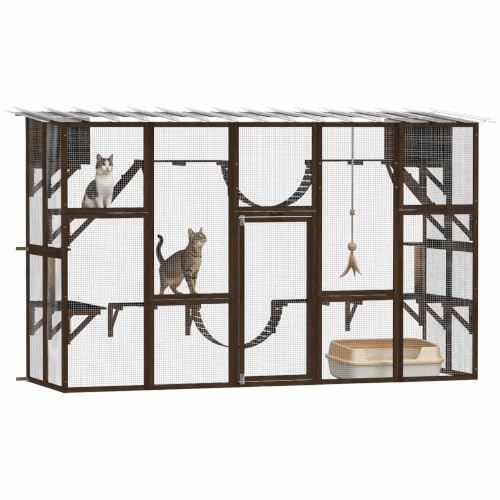 PawHut Catio Outdoor Cat Enclosure Window, 118" x 37.5" x 74", Coffee Brown | Outdoor Cat House, Weather Protection Roof, for 1-4 Kitties, Wooden Frame, Shelves & Bridges - color: Coffee Brown