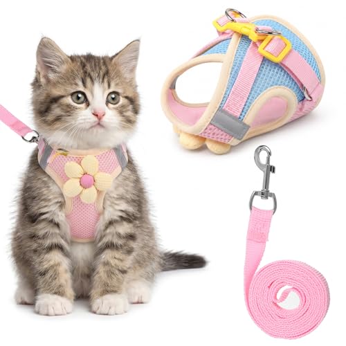 Cat Harness and Leash Set Escape Proof Adjustable Kitten Harness Breathable Mesh Vest Cat Walking Harnesses with Reflective Strips and Flower for Kitty Puppy Bunny (XS)
