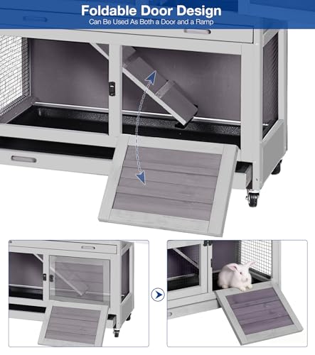 2-Story Rabbit Hutch Indoor Outdoor with Wheels Bunny Cage with Slip-Proof Ramp Guinea Pigs Cage with Waterproof Roof & Easy-Clean Tray Multi-Access Doors 36" L Grey - color: 36"L Grape Purple
