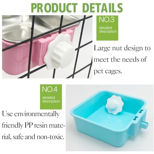 kathson Crate Dog Bowl, Removable Stainless Steel Hanging Pet Kennel Cage Bowl Food & Water Feeder Coop Cup for Puppy, Cat, Rabbit,Guinea Pigs 2pcs Large Square(Blue,Pink) - color: Large square (Blue, Green), size: 2 PCS