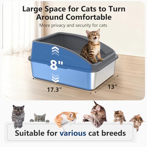 Stainless Steel Litter Box, Metal Kitty Litter Box with Scoop, Anti-Leakage Top Entry, Non-Sticky, Easy to Clean