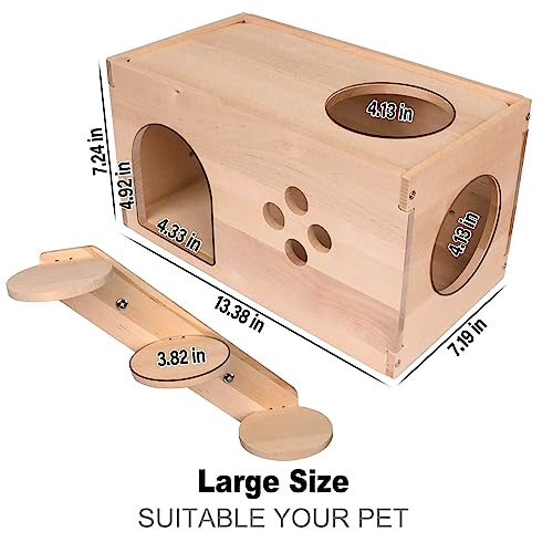 YKD Natural Birch Wooden Chinchilla House with Ladder | Ventilated Small Animal Hideout with Multiple Doors for Sugar Gliders, Squirrels & Small Pets