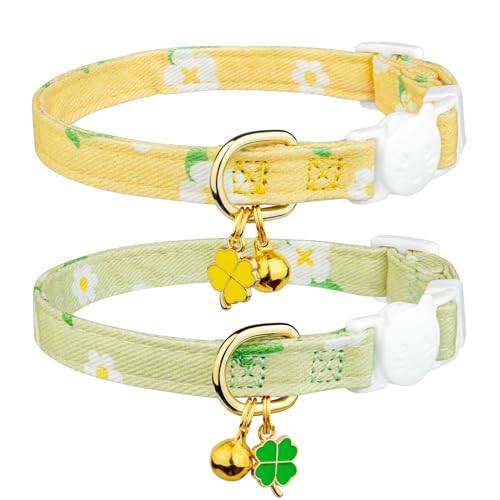 2 Pack Cotton Cat Collar Green and Yellow Flowers Cute Kitten Cat Collar | Breakaway Breathable Soft material With cute pendants with Bell - color: Green&Yellow