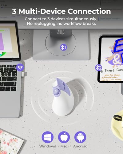 seenda MOU-302 Wireless Bluetooth Ergonomic Vertical Mouse with Volume Knob | Rechargeable 3-device mice for small/medium hands with quiet clicks, 1000/1600/2400 DPI for PC, laptop, MacBook, White Purple - color: White Purple