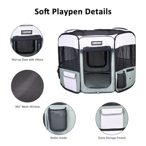 Jespet Soft Dog Playpen, Portable Pet Exercise Pen Kennel with Carry Bag | 2-Door, Easy to Fold, Ground Stakes, Zipper Locks, Large Storage Pocket, Washable Top Mesh Cover & Bottom Cover - color: Shale Green, style: 36x36x24 Inch (Pack of 1)