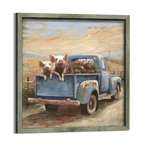 Farm Animal Wall Art Decor: Farmhouse Framed Picture Country Pig Print Artwork Rustic Truck Wooden Painting for Living Room Bedroom Kitchen 16 x 16 Inches - color: Pig on Truck, size: 16L" x 16W"