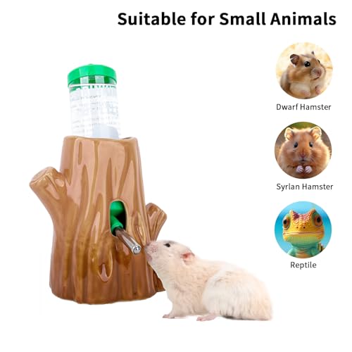 4.27oz(125ML) Stump-Shaped Ceramic Hamster Water Bottle (Green) | Leak Proof Small Animal Waterer with Bracket,for Syrian Dwarf Hamster, Mice, Chinchillas - color: Brown + green