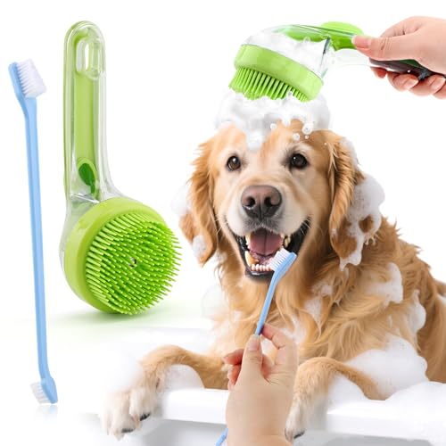 Pet Bath Brush, 2 in 1 Dog Bath Brush with Built-in Shampoo Dispenser, Pet Wash Brush with Double Head Toothbrush, Grooming Massage Brush for Dogs & Cats - color: Green