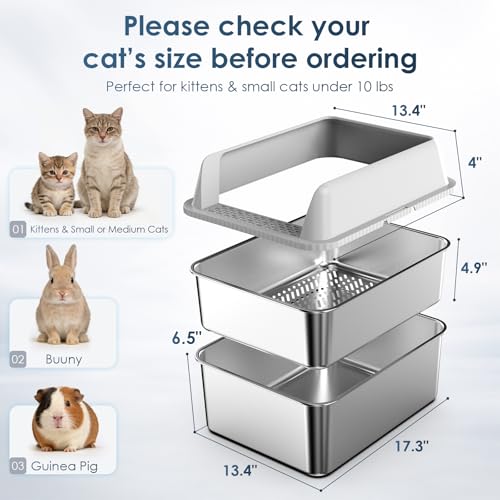 Suzzipaws Enclosed Stainless Steel Sifting Litter Box for Pine Pellets | 17.3”×13.4”×10.5” Stainless Steel Litter Box with Lid, Low Entry for Kittens & Small Cats, Anti-Leakage, Easy Cleaning