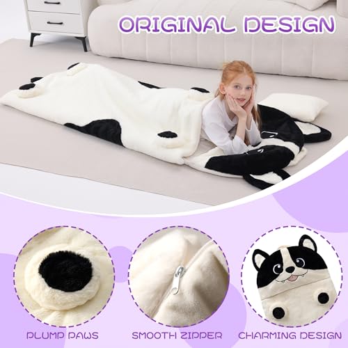 70" 4.2lbs Kids Sleeping Bag with Pillow Black Dog Toddler Nap Mat | Sleep Sack 2-in-1 Sleeping Mat& Blanket Washable Roll-Up w/ Handle For Daycare Kindergarten Thick Soft & Portable In Gift Box - color: Dog-White