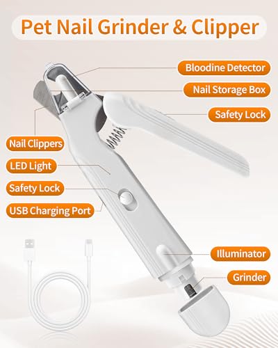 2-in-1 Dog & Cat Nail Clippers & Grinder with LED Light to Avoid the Quick | Quiet USB Rechargeable Pet Nail Trimmer with Safety Guard for Small Medium Large Pets