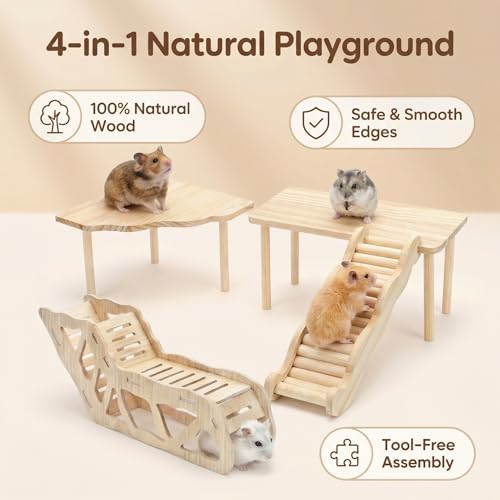 4 Pcs Hamster Platform Wooden Tunnel Ladder Hidden Play House Hamster Game Climbing Toy with Platform, Decor Toy cage Accessories for Dwarf Syrian Mice Degus Gerbils Squirrel and Other Small Pets - color: 4 Pcs