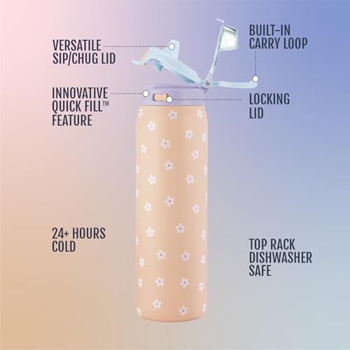 Ello Pop & Fill Insulated Stainless Steel Water Bottle with Quick Fill Lid, Leakproof Locking, Sip or Chug Spout, BPA-Free, Double Wall Vacuum Insulated for Sports, Travel & School- 22oz / 32oz / 40oz - color: Gloss Daisies, style: 22oz