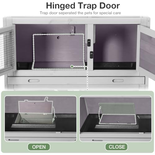Rabbit Hutch Indoor or Outdoor, Wooden Rabbit Cage with Two Removable Trays, 2-Story Bunny Cage with Wheels, 36’’ Guinea Pig Cage (Grey) - color: Grey, size: 36.0"L x 17.7"W x 36.4"H