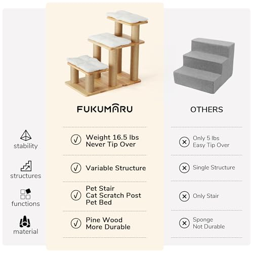 FUKUMARU Dog Stairs, Solid Wood Pet Stairs with Cat Scratching Post | Transformable Cat Step Hold Up to 200 lbs, 20" Pet Ramp for Dogs and Cats to Climb High Bed and Couch, Over 6 Combinations - color: White