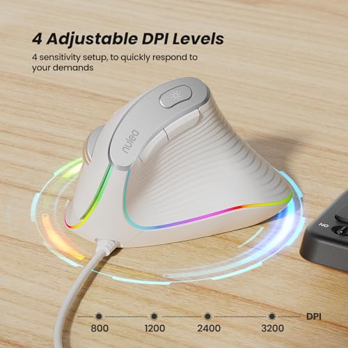 Nulea M504 Wired Vertical Mouse, USB Ergonomic Optical Mouse with 4 Adjustable DPI, 11 RGB Backlight Modes, Compatible for Laptop, PC, Desktop, Mac, White - color: C-White