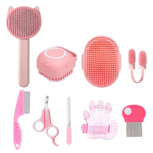 9PCS Pet Gromming Kit，Cleaning Brush Removes Loose Hair, Pet Bath Brush,Shampoo Brush, Nail Clipper, Flea Comb for Dogs&Cats and Small Animal Grooming Kit.