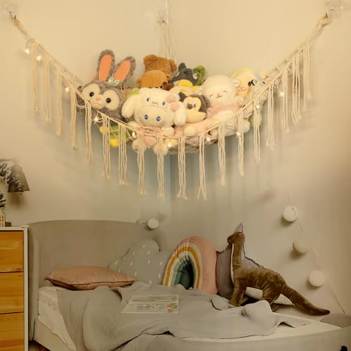 Stuffed Animals Net or Hammock with LED Light, 59 inch Toy Hammock Net for Stuffed Animals Corner Hanging Stuffed Animal Storage Stuffed Animal Holder for Nursery Kids Bedroom (White)