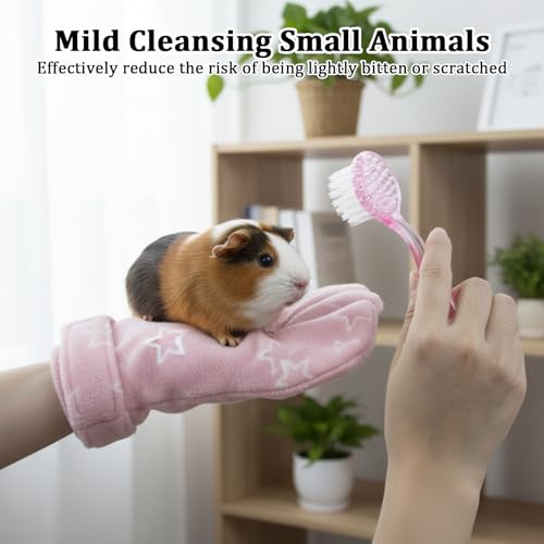 1Pcs Hamster Bite Proof Glove and Grooming Brush Set, Adjustable Hamster Glove, Lid Soft Cleansing Brush Massage Combs, Guinea Pig Brush, Hamster Care Set for Hamsters, Ferrets, Hedgehogs (Pink Stars) - color: Pink Stars