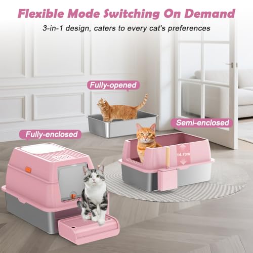 SZEE XL Stainless Steel Litter Box with Lid, Extra Large Metal Covered Litter Box, Stainless Box Easy Clean, Activated Charcoal Odor Control Design, Includes Litter Scoop & Mat & Step, Pink - color: Pink