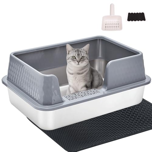 Stainless Steel Litter Box with Lid Cover Mats Scooper, Kitten Litter Box Low Entry, Suitable for Small Space Senior Cats, Side Entry, Grey Enclosure - size: Medium