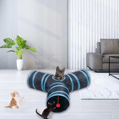 Cat Tunnel Tube Toys, 3 Ways Tunnels for Indoor Cats with Play Ball | Collapsible Pet Tube with Interactive Peephole Interactive Toy for Rabbits, Kittens, Ferrets, Puppy(Blue Black) - color: 3 Way Black Blue