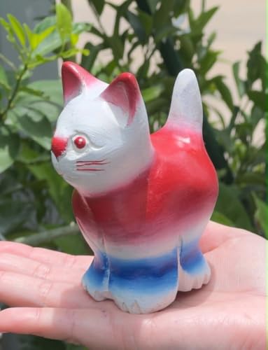 Hand Carved Wooden Cat Figurine, Handmade Cat Statue, Rustic Farmhouse Home Decor, Wooden Animal Sculpture, Unique Gift for Cat Lovers (Vingtage White/Red/Blue Cat) - color: Vingtage White/Red/Blue Cat