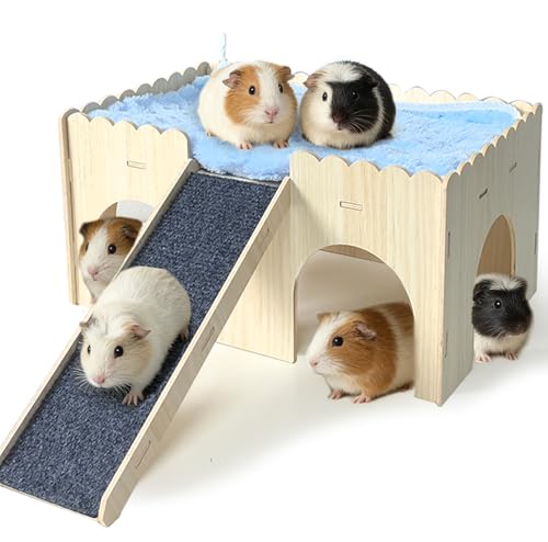 kathson Large Guinea Pig Hideout, Upgraded Guinea Pig Castle with Anti-Slip Ramp Detachable Hamster Hiding Hut Small Animal House for Hamsters Chinchillas Bunny