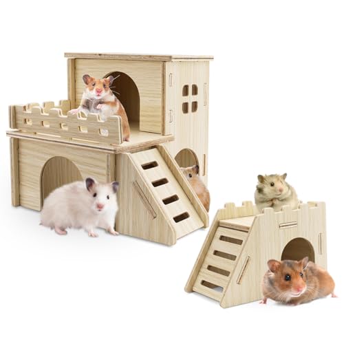 Wooden Hamster House Playground Set, Multi-Level Hamster Cage Accessories with Stairs & Arch Bridge, Small Animal Hideout for Dwarf Hamsters, Gerbils & Mice (Hamster House)
