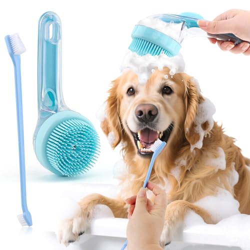 Pet Bath Brush, 2 in 1 Dog Bath Brush with Built-in Shampoo Dispenser, Pet Wash Brush with Double Head Toothbrush, Grooming Massage Brush for Dogs & Cats - color: Blue