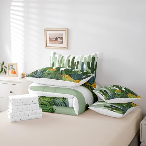 Erosebridal Cactus Comforter Set Prickly Pear Bed in A Bag Queen Size 7 Pieces Desert Plant Flower Bed Set Botanical Green Leaves Garden Style Bedding - color: Green, size: Queen