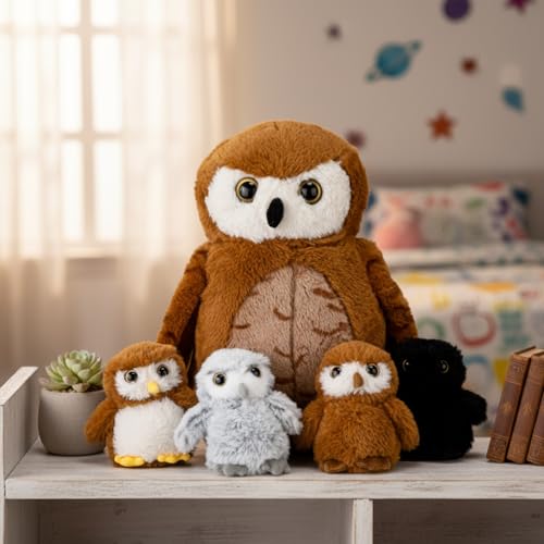 Hollowfly 5 Pcs Owls Plush Toy Gift Set 13.4" Mommy Barn Owls with 4 Cute Babies Stuffed Animal in Zippered Back Nurturing Plushies Toy Set for Kid Adults Birthday Party Favors Gifts - style: Barn Owls
