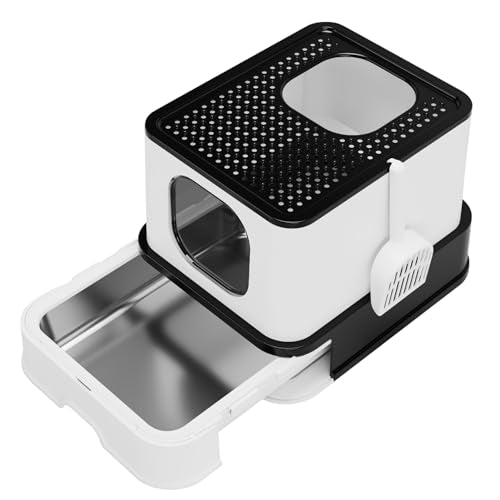 RIZZARI Stainless Steel Litter Box: Enclosed Pull-Out Drawer Top Exit | Removable Sifter Tray / High Leak-Proof Walls / One-Way Bottom Entry / Smooth Non-Stick Surface / Spacious for Multi-Cats - color: Black