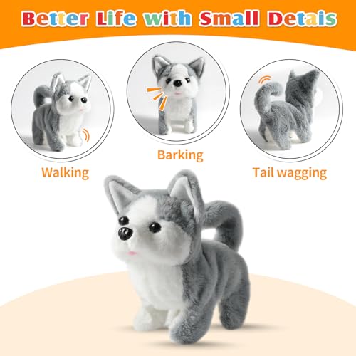 KSABVAIA Plush Husky Toy Puppy Electronic Interactive Dog - Walking, Barking, Tail Wagging, Stretching Companion Animal for Kids Toddlers - color: Husky Dog