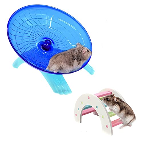 2 Pack Dwarf Hamster Flying Saucer Exercise Wheel Toy & Wood Rat Bridge Rainbow Climb-ABS Plastic Running & Jogging Silent Spinner-for Small Mouse Hedgehog Mice Cage