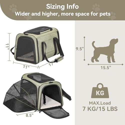 Petsfit Medium Expandable Cat Carrier for Air Travel, Up to 13 lb | 17 x 11 x 11 in; sized for Delta Airlines, with locking zippers, a handy D-ring, large pocket and multi-side ventilation. - color: Green, size: 17.0"L x 11.0"W x 11.0"H