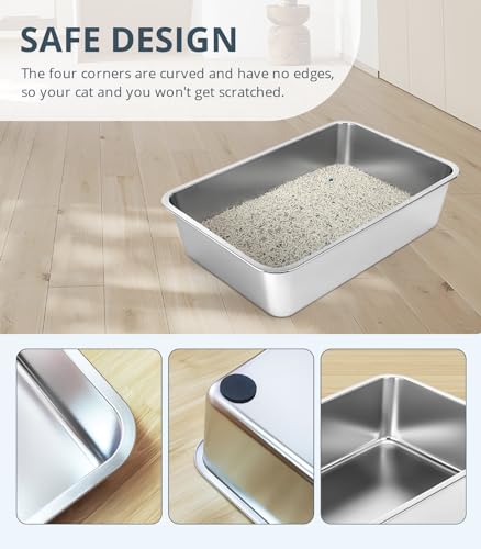 WENBOKMIN Stainless Steel Cat Litter Box - (19.5" L x 13.5" W x 4" H) | Non Slip, Easy to Clean, Never Absorbs Odor, Stains, or Rusts - size: 20" L x 14" W x 4" H