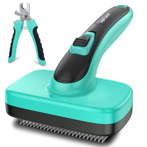 Self Cleaning Slicker Brush & Nail Clippers for Dog and Cats | 2 Pcs, Shedding Long and Short Haired Pets, Skin Friendly, Deshedding Grooming Tool - color: Green 2 PCS