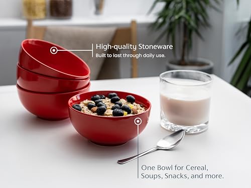 KooK Soup Bowls, Cereal Bowl, Ceramic, Bowls for Kitchen, Microwave, Dishwasher and Freezer Safe, Porcelain Dishes for Pasta, Salad, Oatmeal, Deep Interior, 20 oz, Set of 6, (Red) - color: Red, 6 Pack