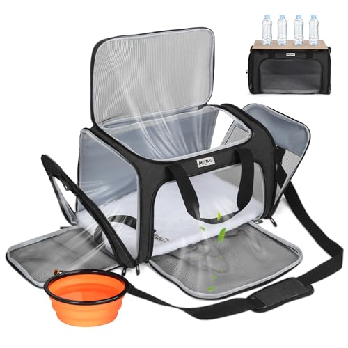 Pet Carrier for Cats & Small Dogs, Travel Carrier with Anti-Collapse Support, Chew Resistant Buckles, Luggage Sleeve, Multi-Pocket Storage, Reversible Mat & Bowl (Black, Medium (17.5"x11"x11.5")) - color: Black