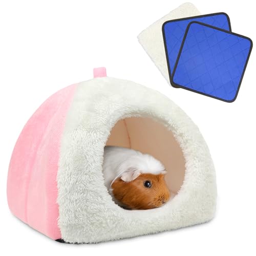 Guinea Pig Hideout Bed with 2 Absorbent Leak-Proof Bottom Pee Pad | Fleece Small Animal House, Washable Hide Hut for Dwarf Rabbit Chinchilla - color: Pink