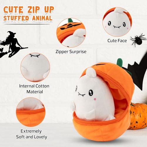 Plushland Halloween Zip-Up Pumpkin Stuffed Animal Plush Toys,Hideaway Spooky Black Cat Bat Ghost Plush Halloween Toy for Festive Decorations & Fun Surprises 6 Inches (Ghost) - style: Ghost