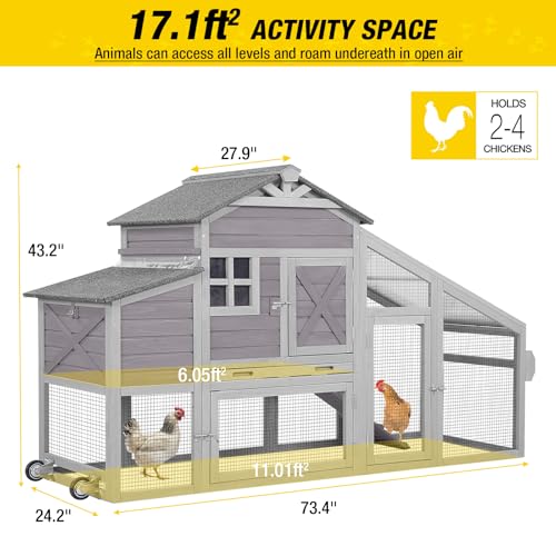 Aivituvin Chicken Coop Mobile Chicken House on Wheels Expandable Wooden Poultry Cage with Large Nesting Box Leakproof Pull-Out Tray Rabbit Hutch Bunny Cage,UV-Resistant Roof (Grey，AIR32) - size: Grey 73.38"L x 27.9"W x 43.2"H