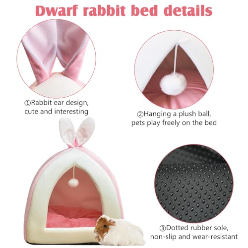 Fhiny Rabbit Bed Cave Cozy Guinea Pig Hideout Cute Bunny Bed Large House Winter Nest Dwarf Rabbit Cage Accessories for Chinchilla Ferret Hedgehog or Other Small Animals（Pink） - color: Pink