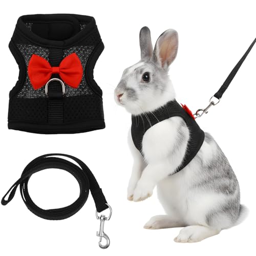 Rabbit Leash and Harness, Easily Adjustable Rabbit Harness and Leash Set for Small Animals, Rabbits Harness and Leashes for Proof Safely Walking Cute Bow Vest and Leashes, Black, Small