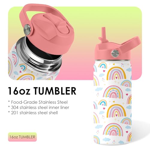 16oz Rainbow Tumbler Cup with Handle and Straw - Pink Stainless Steel Water Bottle for Women Men - Insulated Double Wall Travel Mug, Sweatproof, Non-Slip Base - Birthday Gift Ideas - color: Rainbow1, size: 16 Ounces