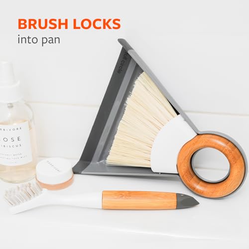 Full Circle Tiny Team Mini Compact Brush & Dustpan Set, Portable Handheld Broom for Quick Cleanups, Ideal for Home, Bathroom, Kitchen Countertops. Bamboo Hand Broom & Small Crumb Sweeper, White - color: White