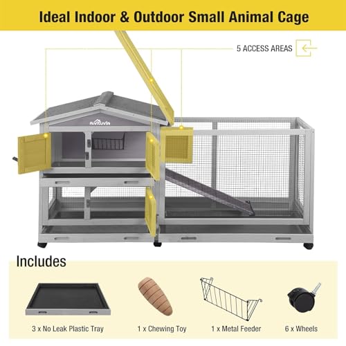 Aivituvin Rabbit Hutch Outdoor Indoor Rabbit Cage Chikcen Coop with Casters Guinea Pig Cage with 3 Deep No Leakage Pull Out Tray,Waterproof Roof - color: Grey